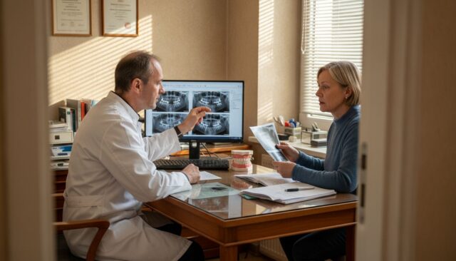 Der Zahnarzt bespricht mit dem Patienten die verschiedenen Behandlungsmöglichkeiten.