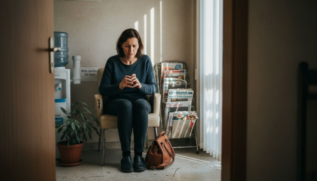 Ein nervöser Patient sitzt im Wartezimmer der Zahnarztpraxis und blickt unruhig auf die Uhr.