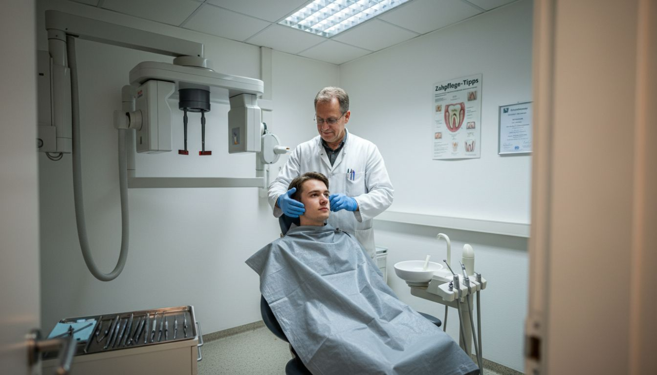 Der Zahnarzt bereitet die Patientin auf eine Röntgenaufnahme der Zähne vor.
