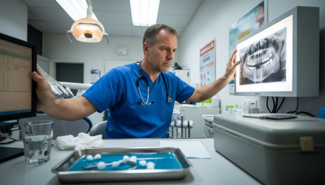Eine Zahnärztin betrachtet gemeinsam mit ihrem Patienten im Behandlungsstuhl das aktuelle Röntgenbild.