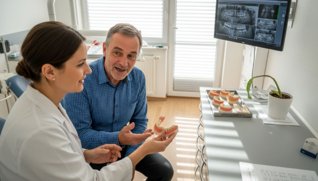 Beratungsgespräch beim Zahnarzt zu verschiedenen Möglichkeiten für Zahnersatz