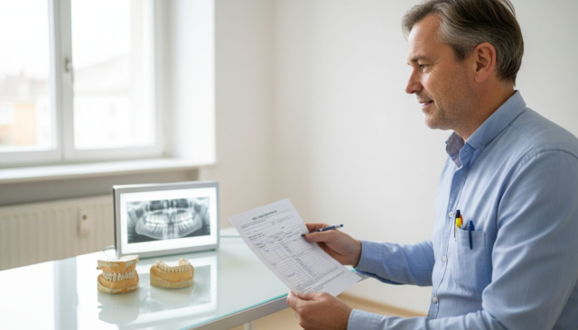 Der Zahnarzt bespricht mit seinem Patienten den Heil- und Kostenplan.