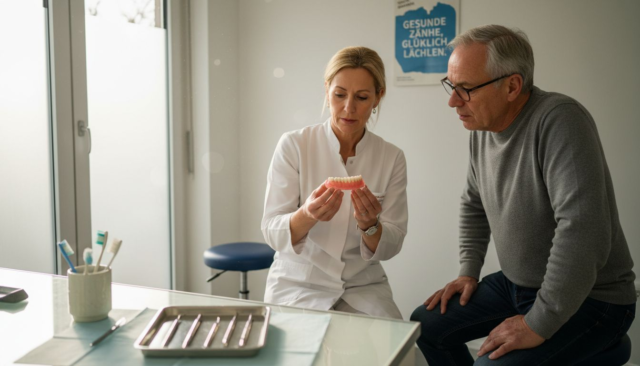 Der Zahnarzt erläutert seiner Patientin die Möglichkeiten und den Ablauf einer Zahnprothese.