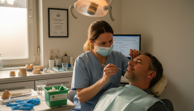 Ein Zahnarzt behandelt einen Patienten in seiner Praxis.