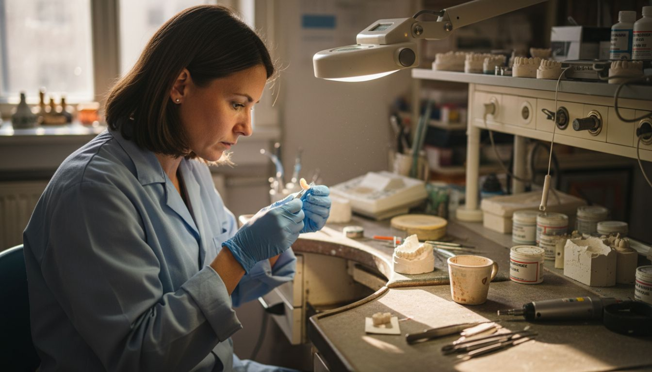 Ein Zahntechniker prüft im Labor eine frisch angefertigte Keramikkrone auf Qualität und Passgenauigkeit.