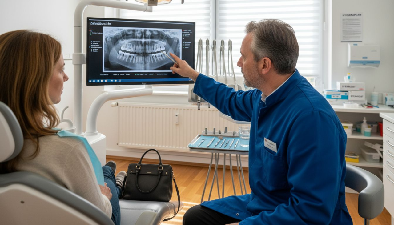 Ein Zahnarzt bespricht mit seiner Patientin im Behandlungszimmer die nächsten Schritte der Behandlung.