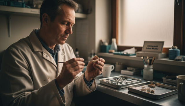 Ein Zahntechniker überprüft eine Krone sorgfältig mit den passenden Laborwerkzeugen.