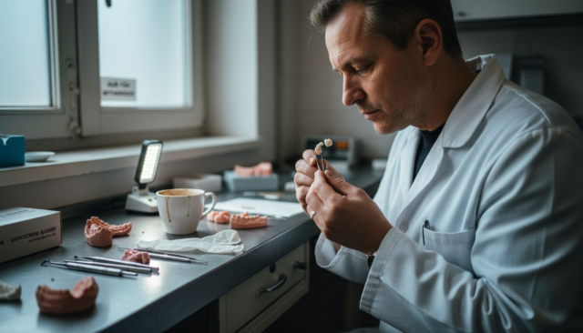 Ein Zahnarzt begutachtet eine Keramikkrone.