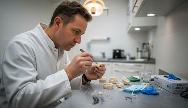 Der Zahnarzt ĂĽberprĂĽft die Passform und den Zustand der Zahnkrone bei seinem Patienten.