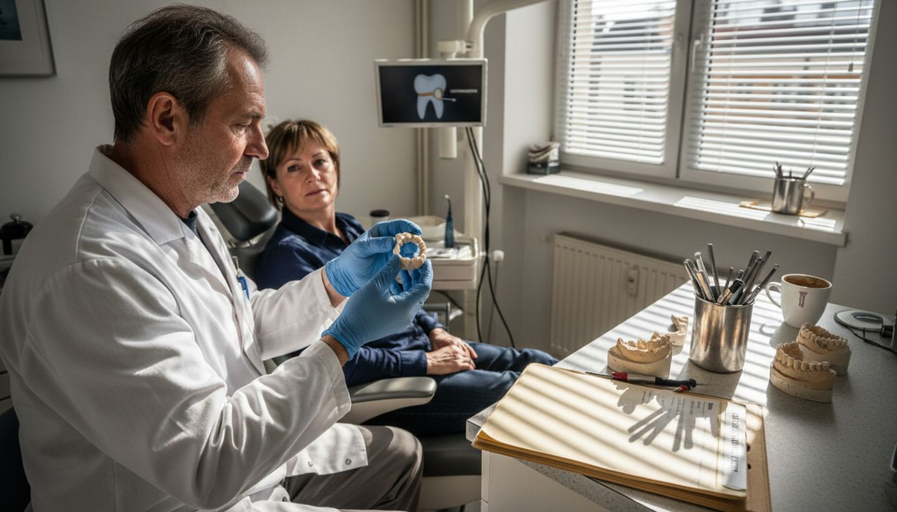 Eine Zahnärztin präsentiert ihren Patienten ein Modell einer Emax-Keramikkrone und erklärt die Vorteile dieser modernen Zahnrestauration.