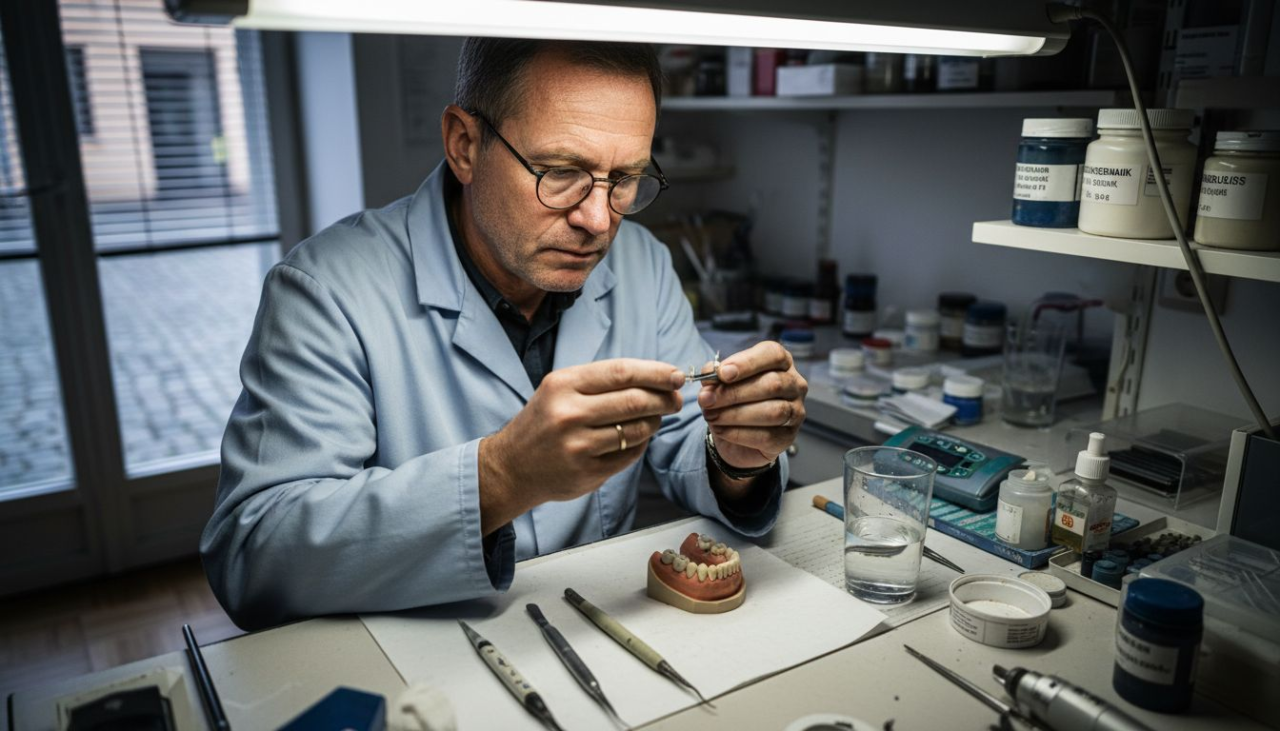 Ein Zahntechniker prüft sorgfältig eine Metallkeramikkrone auf ihre Passgenauigkeit und Verarbeitung.