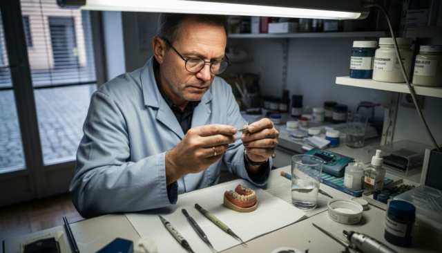 Ein Zahntechniker prüft sorgfältig eine Metallkeramikkrone auf ihre Passgenauigkeit und Verarbeitung.