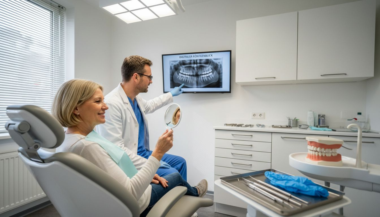 Zahnarzt und Patient beim Einsetzen einer Zahnbrücke