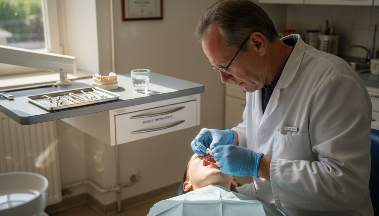 Eine Zahnärztin passt in ihrer Praxis eine Zirkonbrücke an.