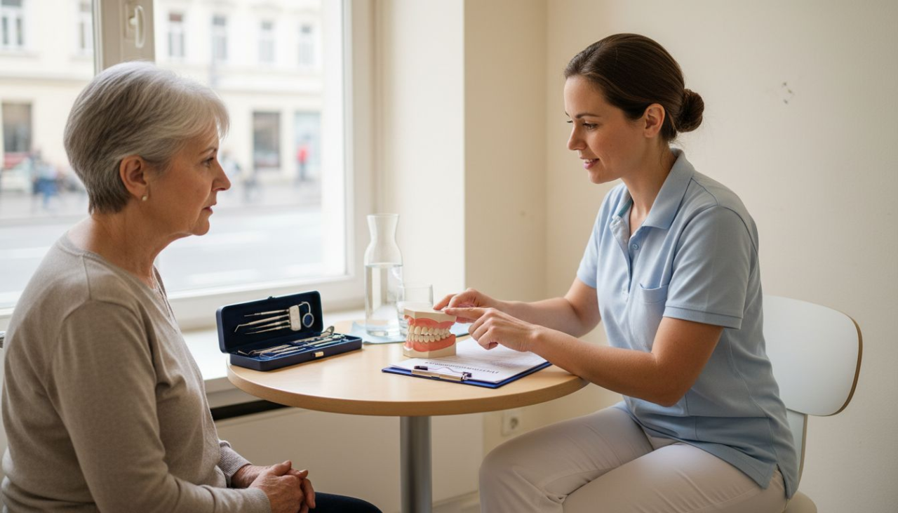 Eine Zahnärztin erläutert ihrer Patientin anschaulich, wie eine Zahnbrücke aus Metallkeramik funktioniert.
