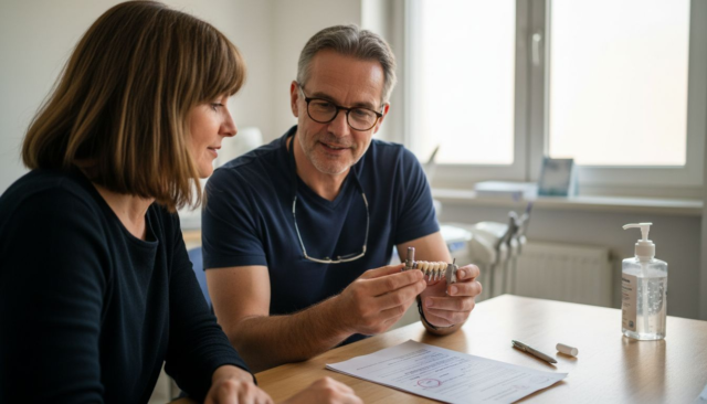 Der Zahnarzt demonstriert anschaulich anhand eines Modells, wie eine Implantatkrone funktioniert.