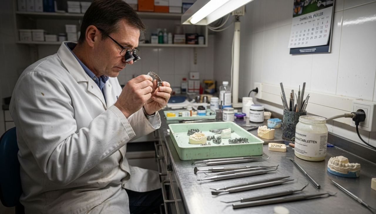 Ein Zahntechniker überprüft eine partielle Metallprothese auf Qualität und Passgenauigkeit.