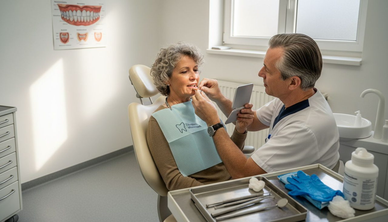 Eine Zahnärztin passt einer Patientin eine provisorische Zahnprothese an.