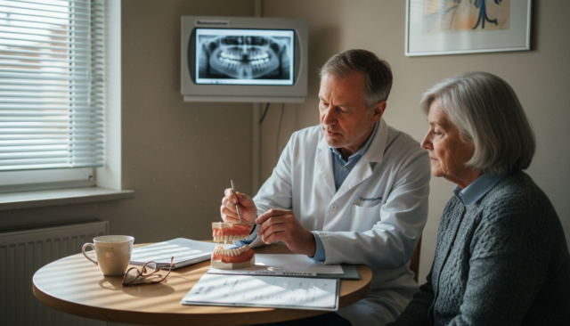 Zahnarzt erklärt einer Patientin das Prinzip der Teleskopprothese und beantwortet ihre Fragen dazu.