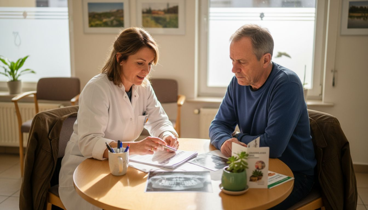 Zahnarzt und Patient besprechen gemeinsam die verschiedenen Behandlungsmöglichkeiten.